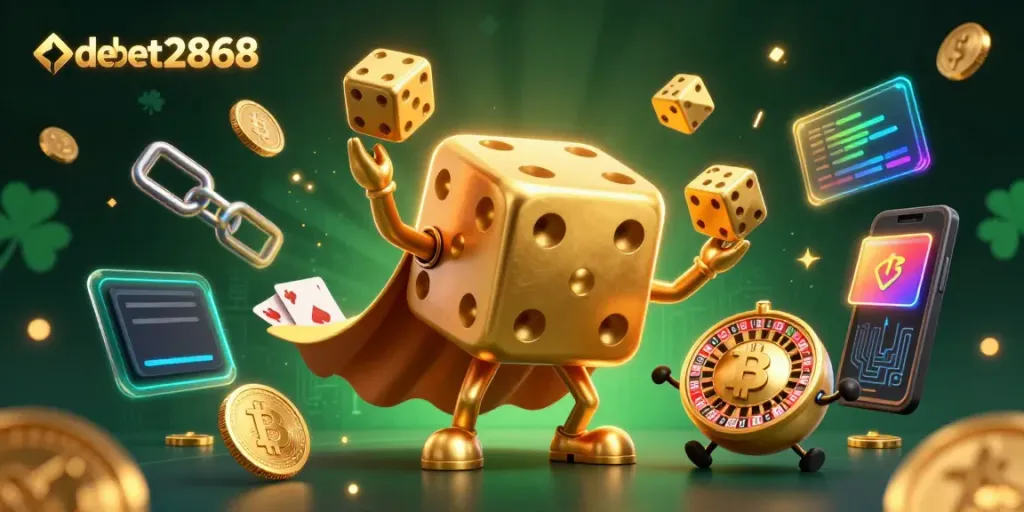 Engage with debet2868's vibrant 3D casino world featuring golden dice and neon crypto coins.