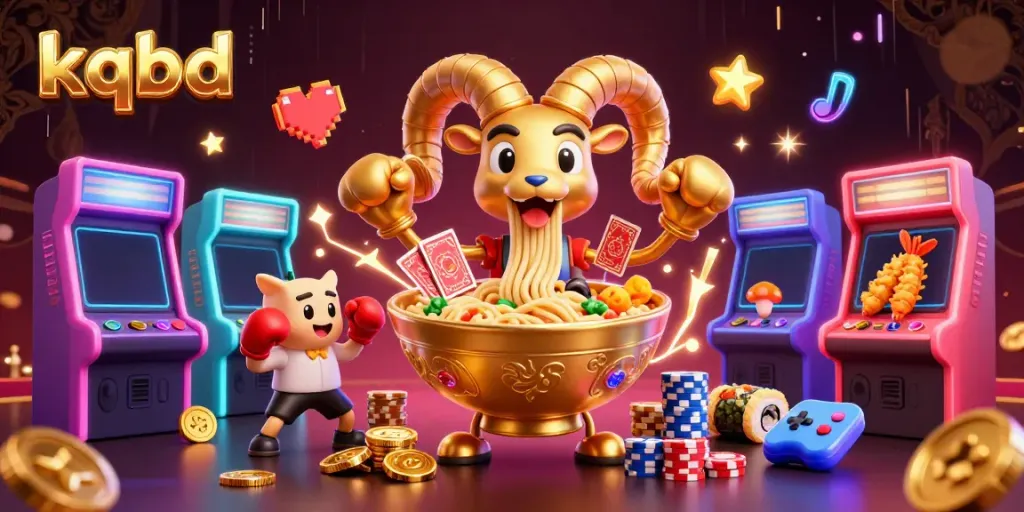 Experience kqbd gaming energy with a golden ramen bowl dealer amidst vibrant casino elements.