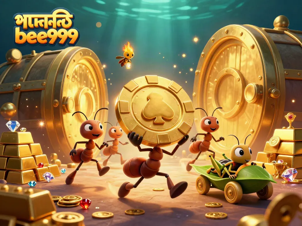 Experience the thrill of পদোন্নতি bee999 with a vibrant heist scene featuring ants, treasures, and casino elements.