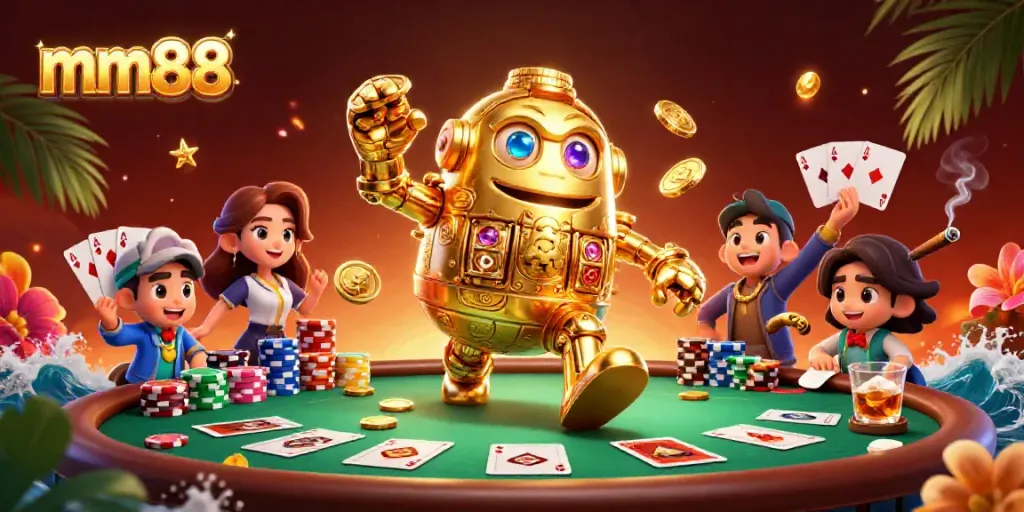 Engage with the vibrant mm88 casino scene featuring a golden golem and poker elements.