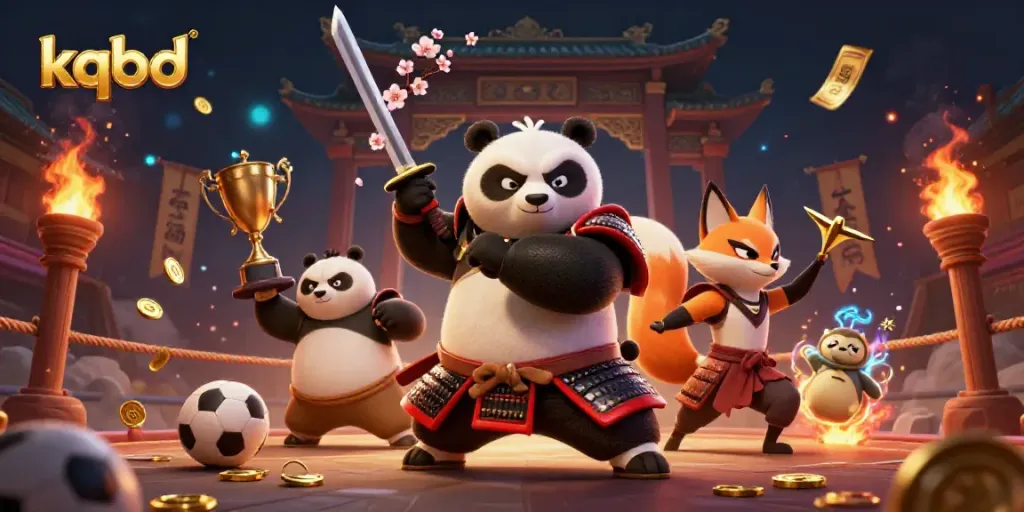 KQBD sports betting scene with samurai panda and ninja fox in a rich, dynamic environment