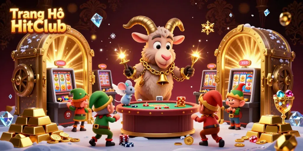 Experience the excitement of Trang Chủ HitClub with festive characters amidst a bustling casino scene.