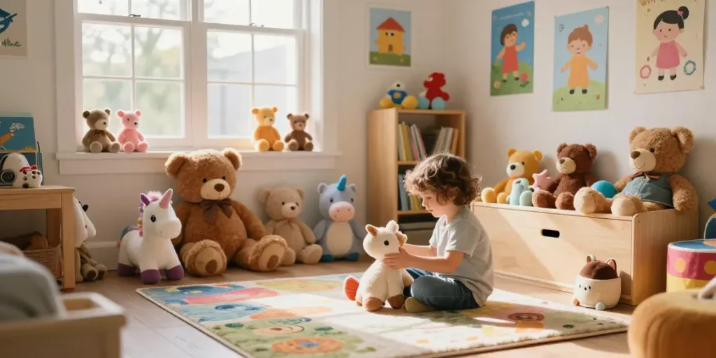 Niño jugando con peluches en una habitación iluminada, creando un ambiente acogedor y divertido.
