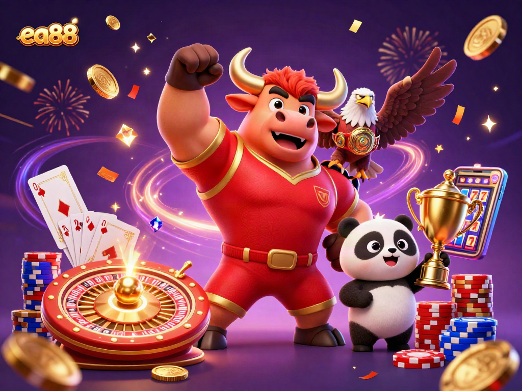 ea88 celebrates with a bull mascot, trophy, and casino games in a vibrant casino scene