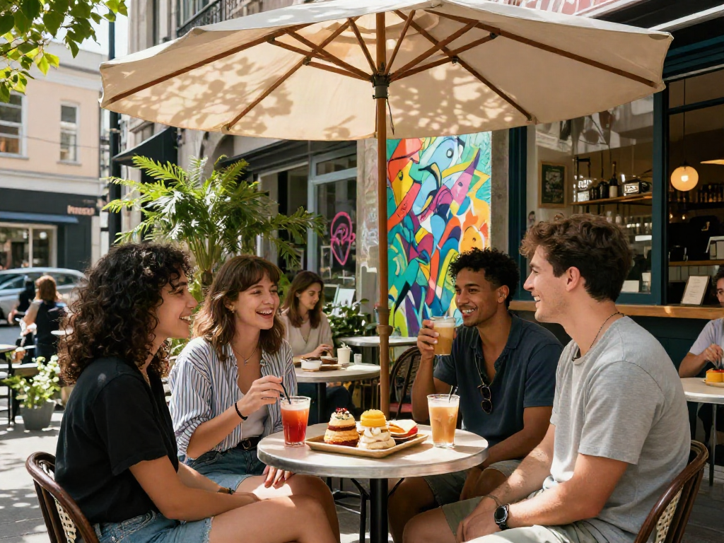 Friends enjoying a joyful gathering at a café representing rokok88's vibrant urban lifestyle.