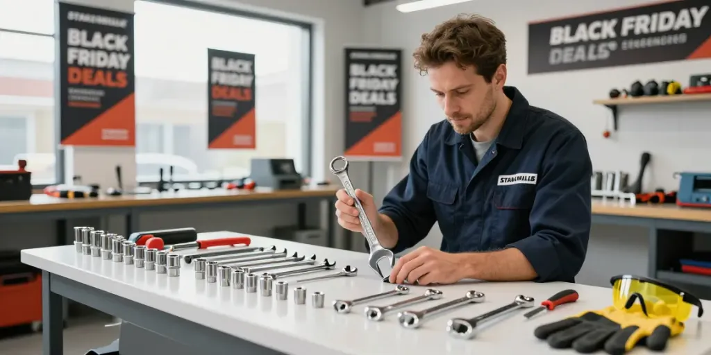 Ofertas de Black Friday Stahlwille en un taller moderno con herramientas organizadas en un banco de trabajo.