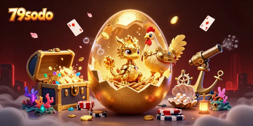 Experience the thrill of 79sodo casino with a vibrant illustration of golden treasures and gaming elements.