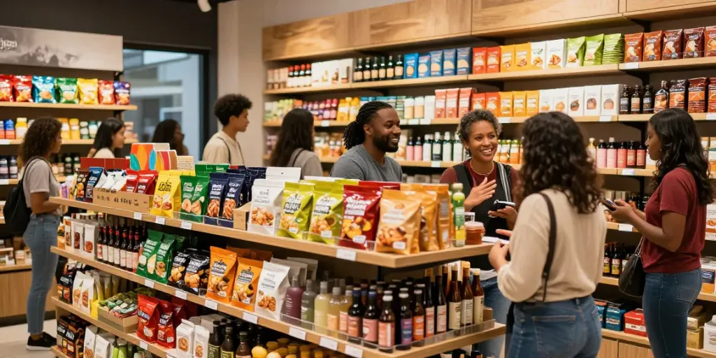 Clientes explorando productos brasileños en tienda moderna.