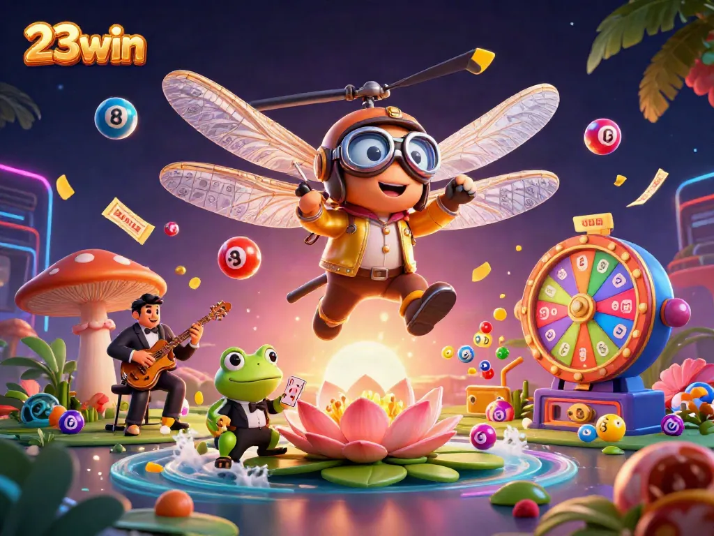 Experience the excitement of 23win with dynamic gaming elements featuring a vibrant casino scene and engaging characters.
