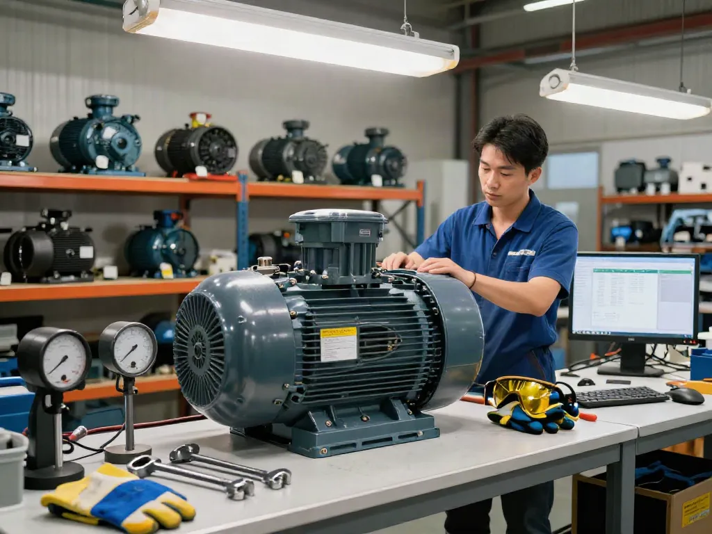 Inspectando motores eléctricos en Venezuela con un técnico en un entorno industrial.