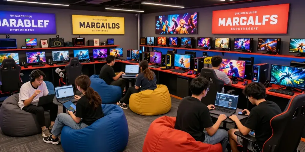rokok88 online gaming marketplace bustling with gamers exploring game titles and merchandise in a vibrant digital storefront.