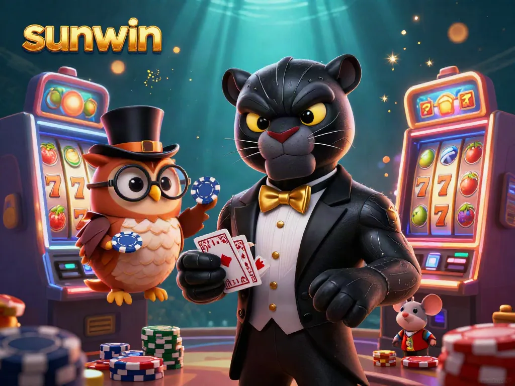 Play exciting slot games at sunwin with a stylish black panther dealer and fun characters.