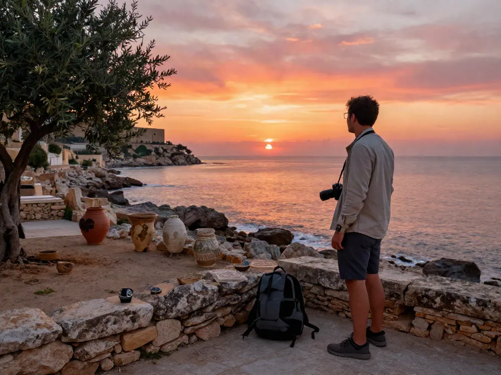 Explorador en la costa de Sicilia disfrutando del atardecer y la historia, uniendo la cultura con the-sierakaudalo.