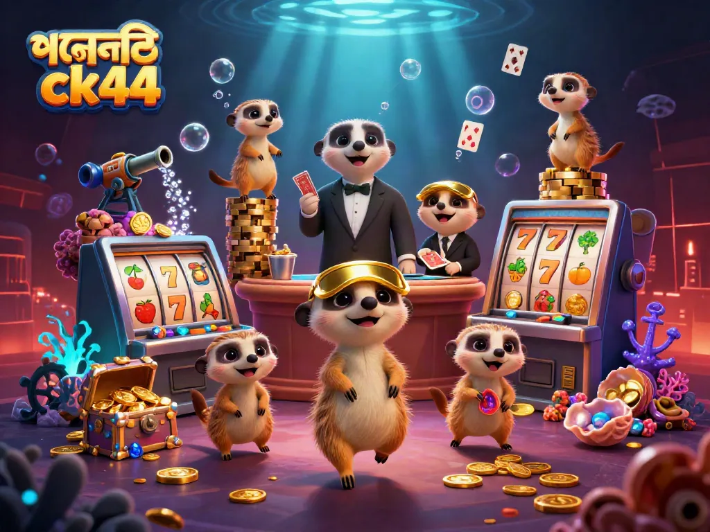 Engage with thrilling gameplay at পদোন্নতি ck44 featuring meerkats in a vibrant casino scene filled with slots and rich treasures.