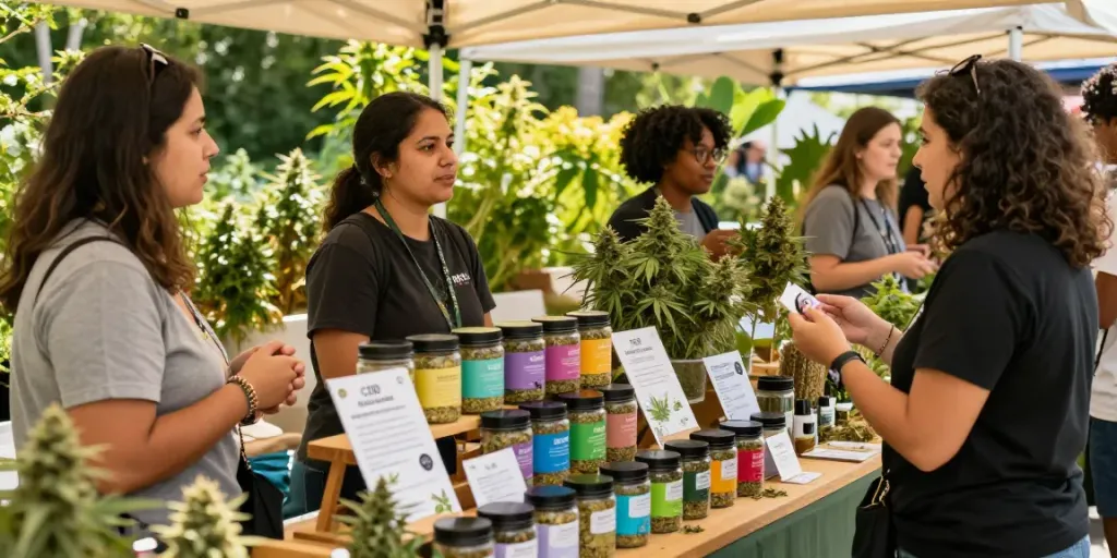 Buying CBD flowers at a lively outdoor market featuring colorful jars and engaging conversation about comprar flores cbd.