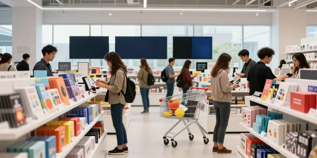 Customer exploring a vibrant display of productos in a modern retail environment.