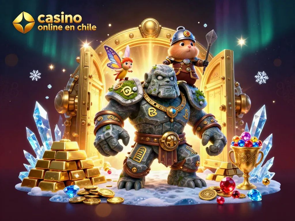 Gana en el casino online en Chile con el guardián golem y su compañero hada en un mundo de tesoros.