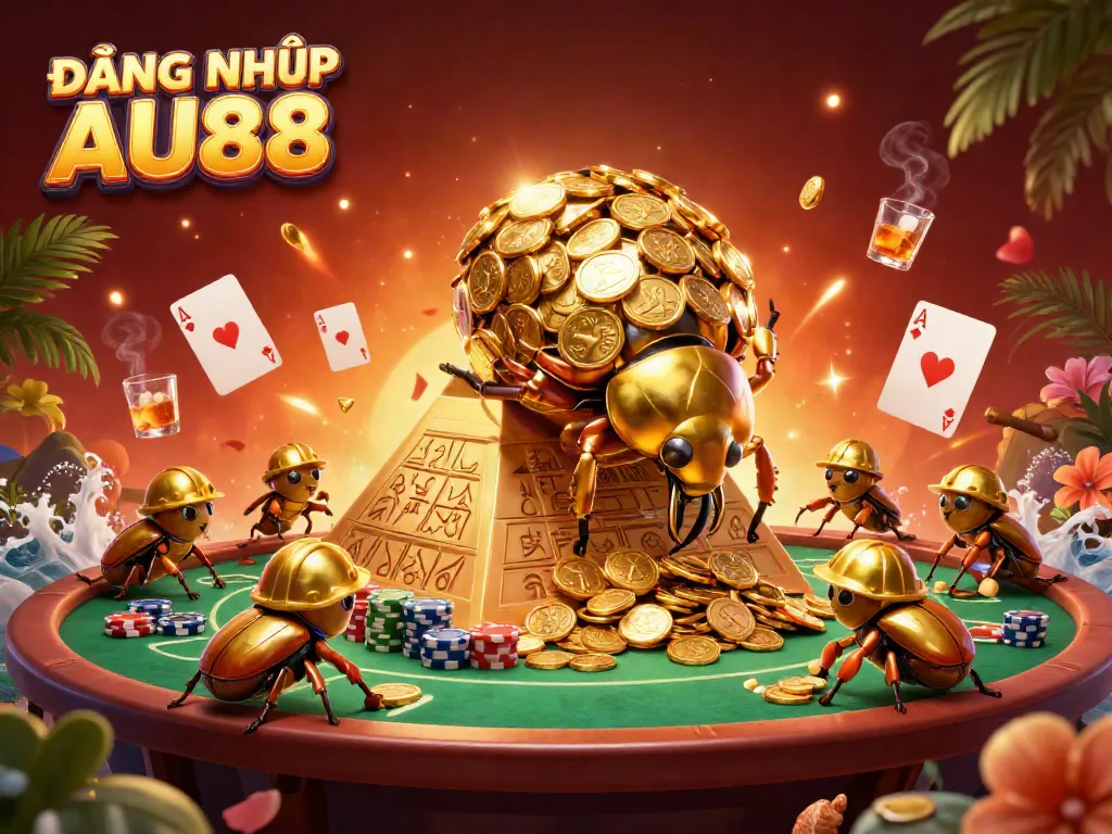 Engage with ĐĂNG NHẬP AU88 as a golden beetle rolls coins up a casino pyramid.