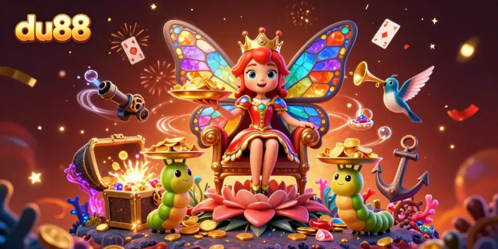 Engage with du88's vibrant online gaming world through this vivid illustration featuring games and rewards.