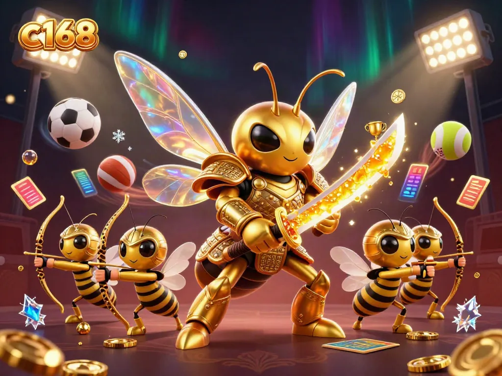 C168 sports-themed illustration featuring a golden samurai hornet and bee archers surrounded by dynamic sports elements.
