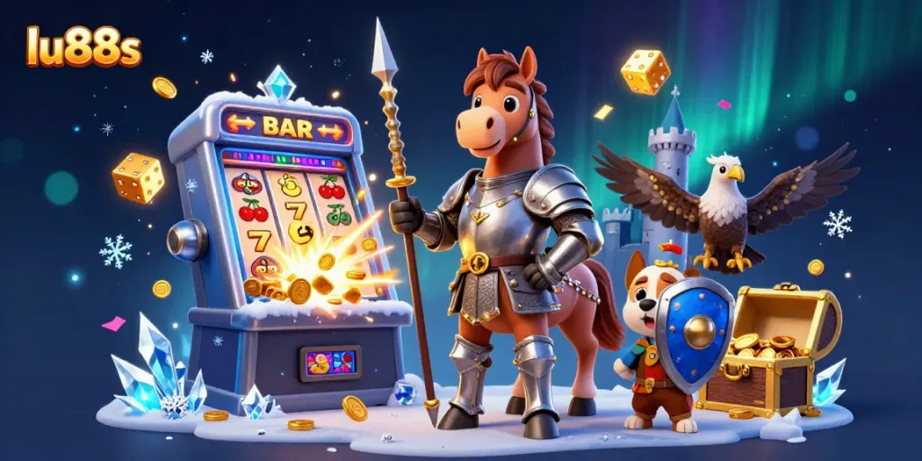 Experience thrilling gameplay at lu88s with a dynamic scene of knights and casino elements erupting in excitement.