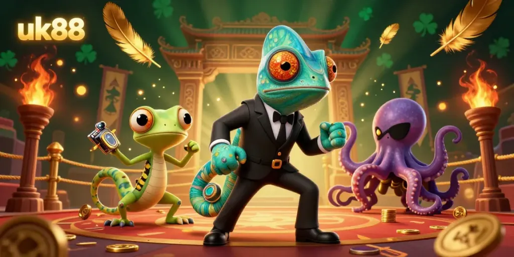 Engage with uk88's thrilling casino experience of action-packed gaming surrounded by vibrant characters.