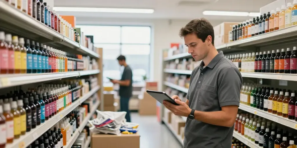 E-liquids wholesale distribution center with colorful bottles and active staff inspecting inventory.
