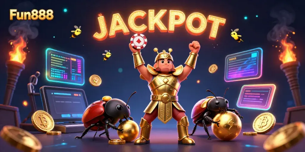 Join the Fun888 gaming adventure with victory-themed characters and dazzling casino elements!