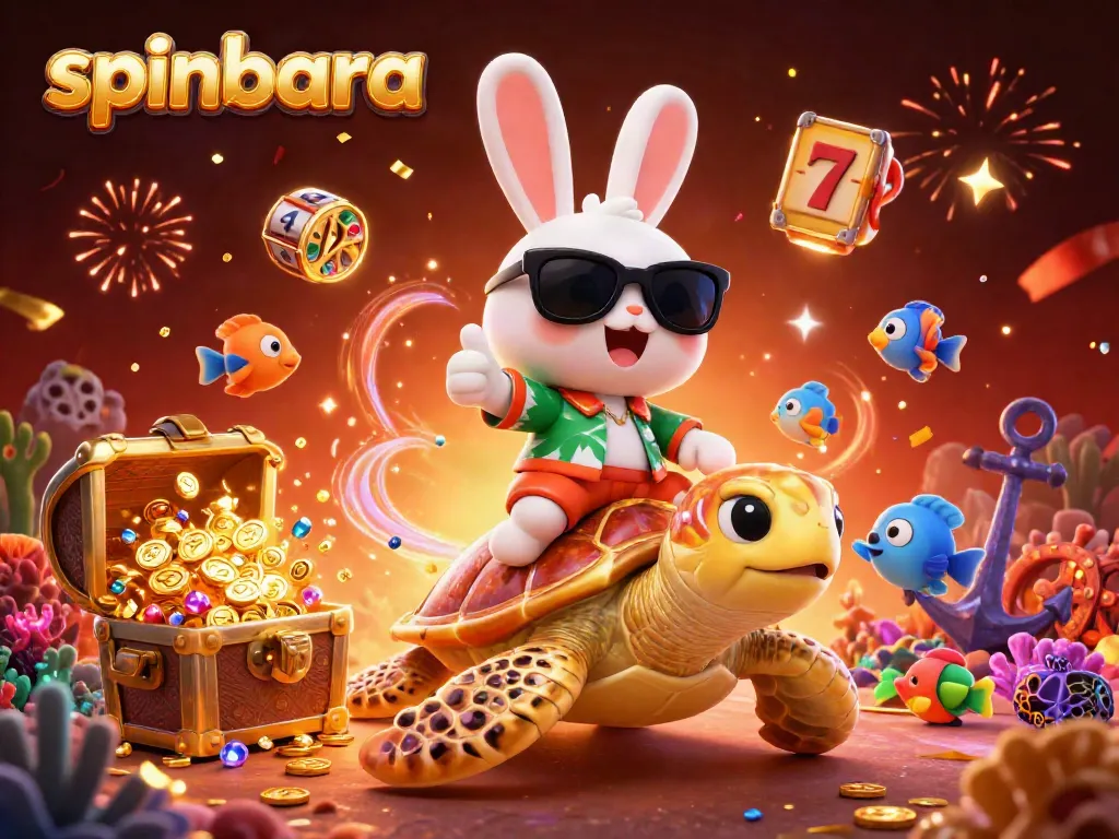 Spinbara's enthusiastic rabbit rides a turtle amid vibrant casino elements and sparkling confetti.