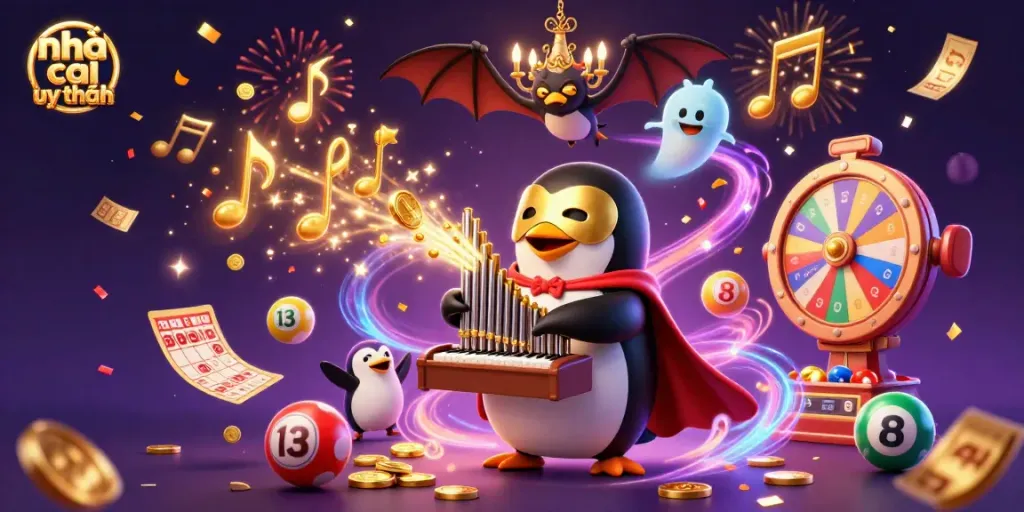 Engage with the vibrant world of nhà cái uy tín featuring a cartoon penguin amidst gambling excitement.