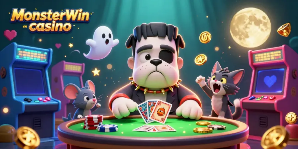Experience thrilling card games on MonsterWin casino with vibrant characters in a spooky atmosphere.