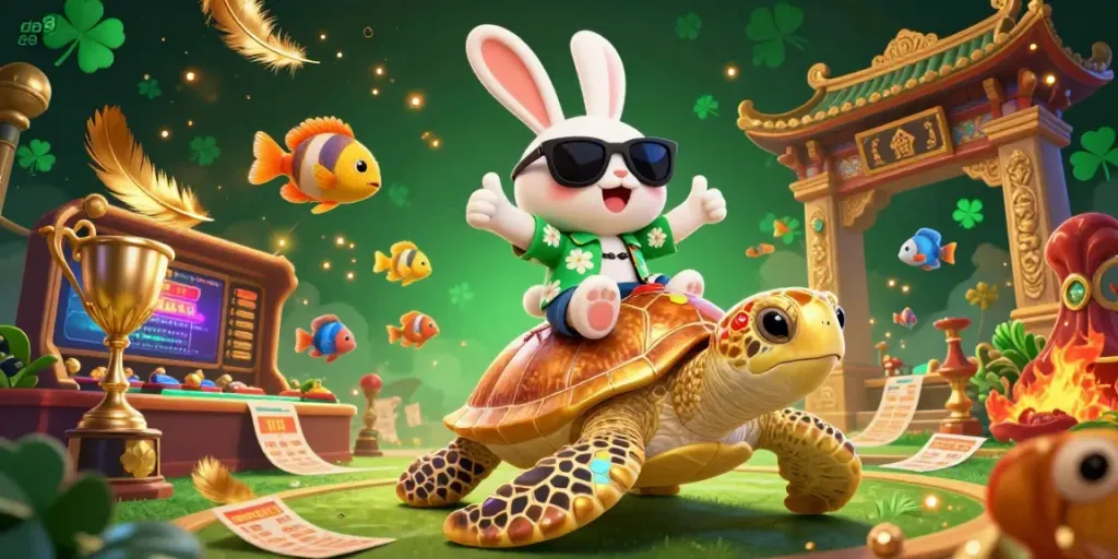 Engage with da88's exciting betting atmosphere, featuring a lucky rabbit and golden sea turtle in a vibrant casino scene.
