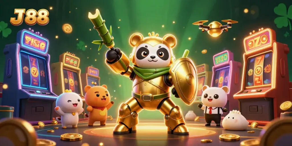 Experience J 88's thrilling casino with a mech-suit panda in an exciting gaming scene.