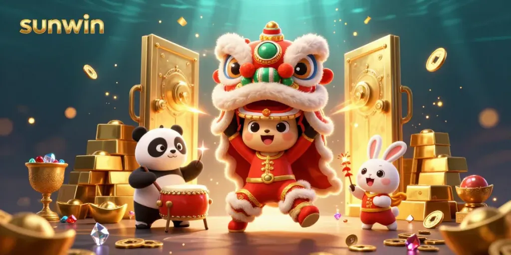 Experience the excitement of sunwin with a vibrant 3D lion dance illustration featuring gold treasures and festive characters.
