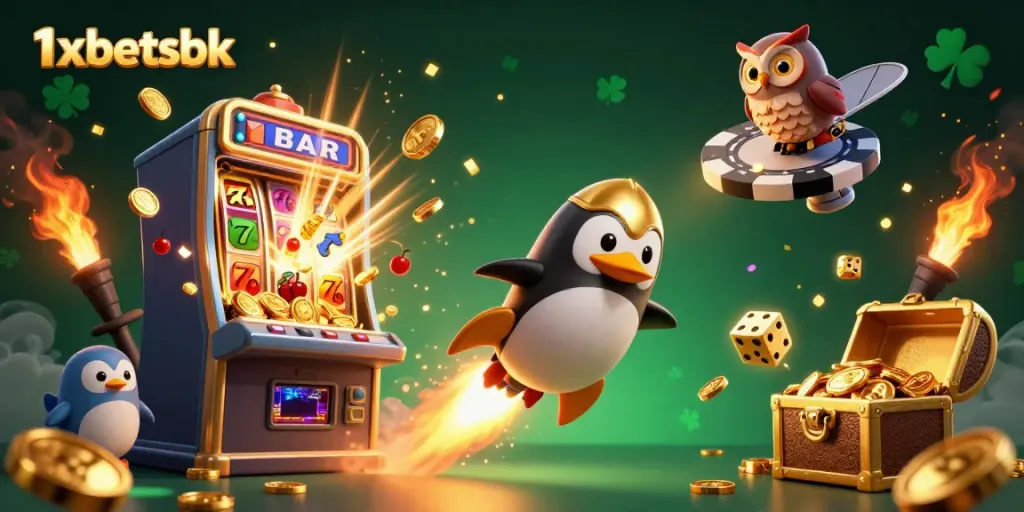 Experience exhilarating gameplay at 1xbetsbk with vibrant scenes of slot machines and jackpots.