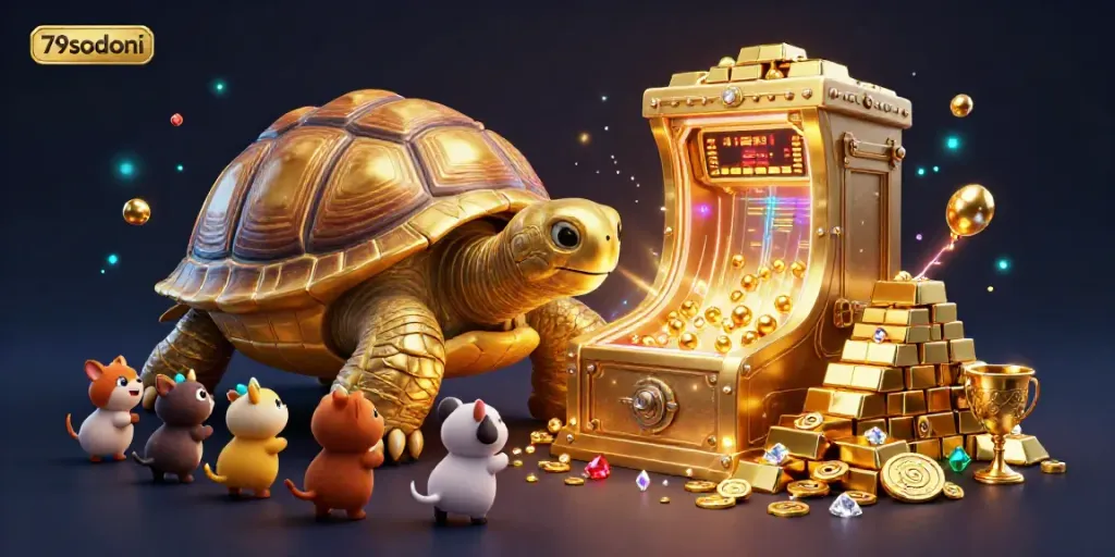 Engage with the vibrant casino scene of 79sodoni, showcasing a golden tortoise pinball machine amidst treasures.