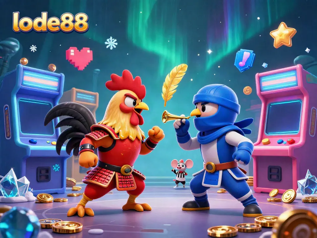 Experience exciting action with lode88's dynamic rooster duel in this vibrant casino-themed illustration.
