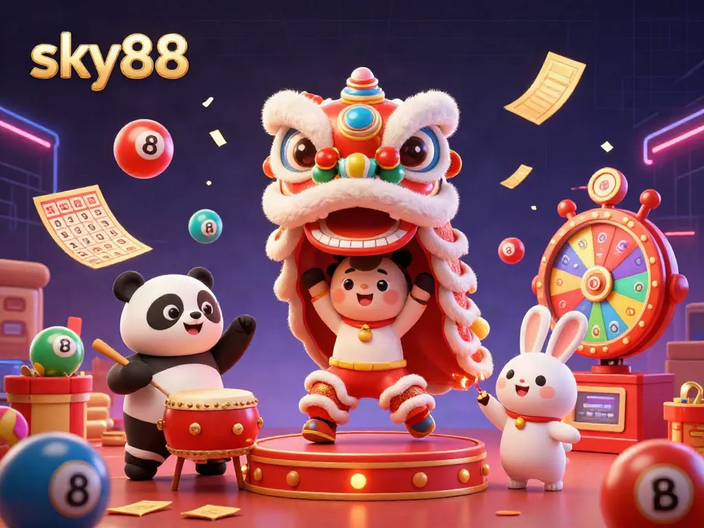 Engage in exciting games at sky88 with colorful lottery elements and festive characters.