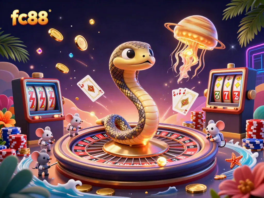 Experience thrilling bets at fc88 with a cosmic roulette scene featuring a Saturn snake and astronaut mice.