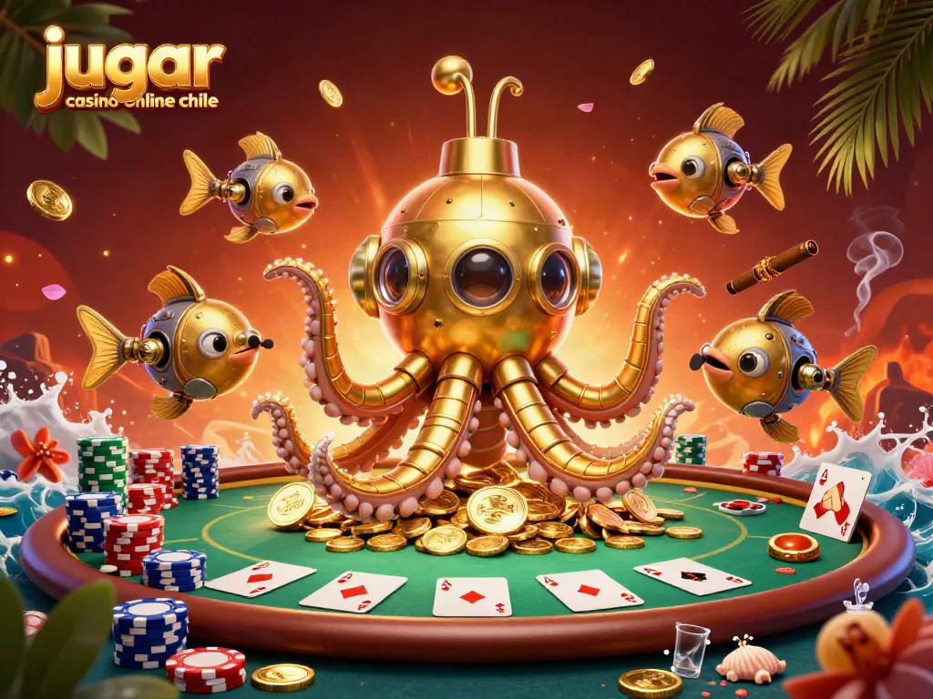 Jugar casino online Chile con el kraken dorado y cartas de póker en un mar de monedas.
