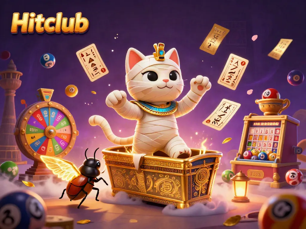 Experience the thrill of Hitclub with a dynamic scene featuring an Egyptian mummy cat and a scarab beetle in a vibrant casino setting.