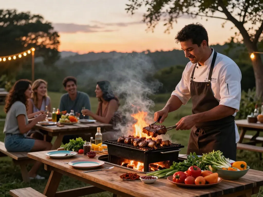 Delicious Rokok88 grilled beef and chicken being prepared outdoors during sunset.