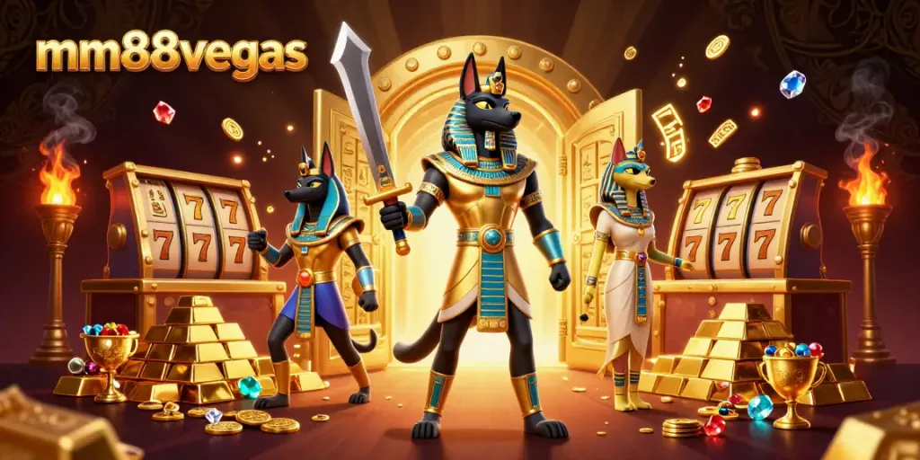 Experience the excitement of mm88vegas with Anubis and Bastet in a vibrant casino scene.