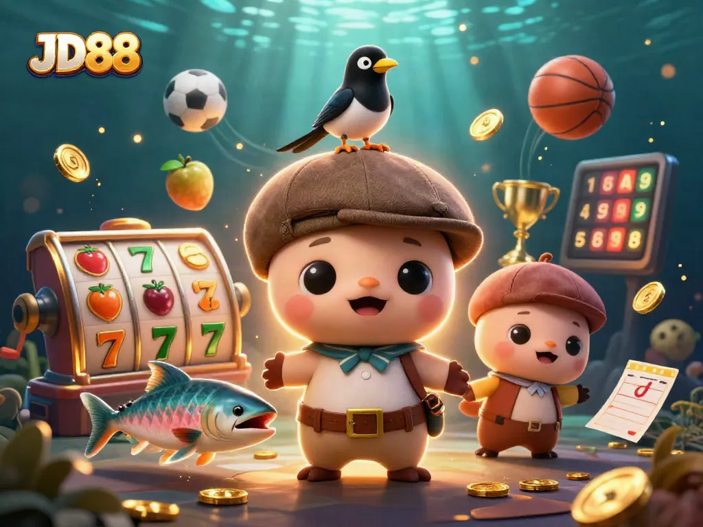 Spin to win big with JD88 in this vibrant 3D casino scene featuring playful characters and dynamic game elements.