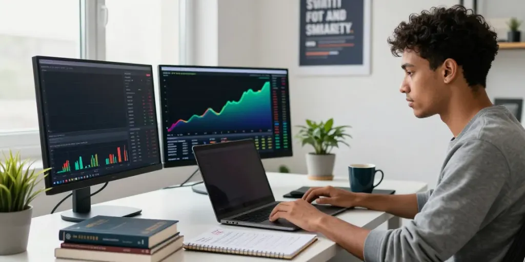 Bronce Fondavío trader analizando gráficos de criptomonedas en una oficina moderna.