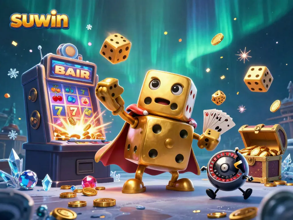 Engage with suwin gameplay featuring lively casino elements, golden dice, and jackpot excitement.